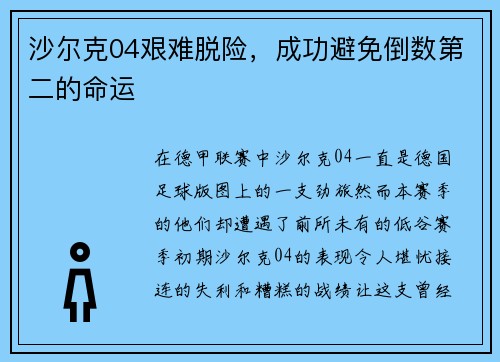 沙尔克04艰难脱险，成功避免倒数第二的命运