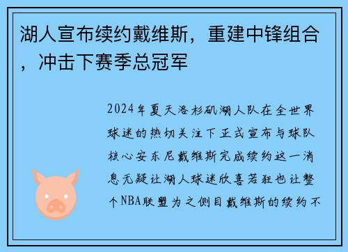 湖人宣布续约戴维斯,重建中锋组合,冲击下赛季总冠军